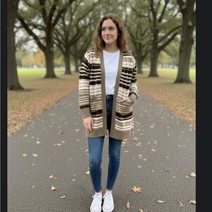 Chloe + Jasmine Striped Brown Cream Women's Sweater cardigan small cottagecore